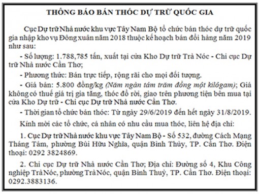 Thông báo bán thóc dự trữ quốc gia
