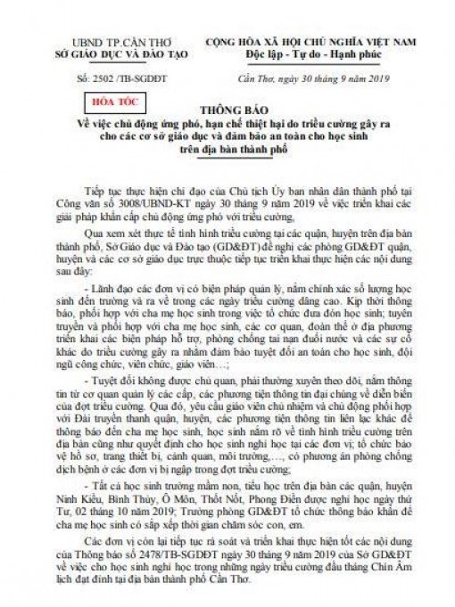 Học sinh mầm non, tiểu học ở 5 quận, huyện được nghỉ học thêm 1 ngày do triều cường