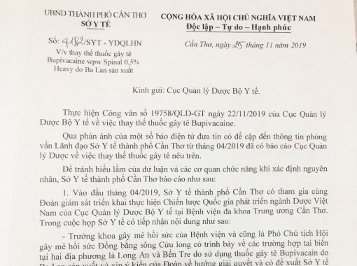 Sở Y tế Cần Thơ thông tin về vụ thuốc gây tê Bupivacaine