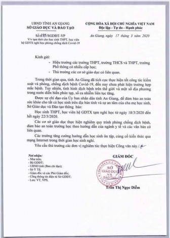 An Giang: Học sinh THPT và GDTX nghỉ từ ngày 18/3