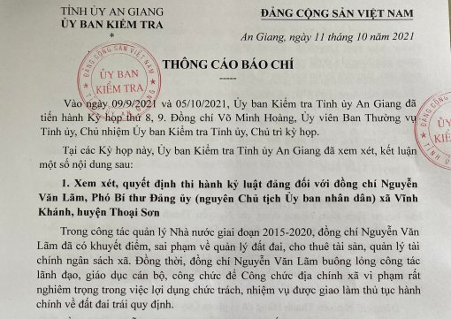 An Giang kỷ luật nhiều cán bộ, đảng viên