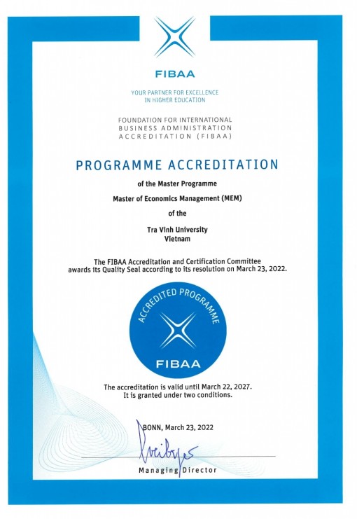 Trường ĐH Trà Vinh có thêm 3 chương trình đào tạo đạt kiểm định chất lượng giáo dục quốc tế FIBAA