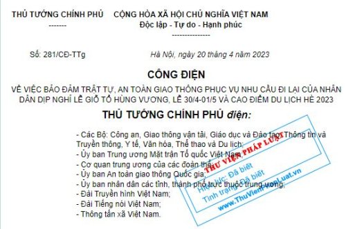 Công điện của Thủ tướng Chính phủ về việc bảo đảm trật tự, ATGT phục vụ nhu cầu đi lại của nhân dân dịp nghỉ lễ Giỗ Tổ Hùng Vương, lễ 30/4-1/5 và cao điểm du lịch hè 2023