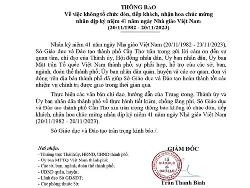 Sở Giáo dục và Ðào tạo TP Cần Thơ không nhận hoa chúc mừng nhân dịp 20-11