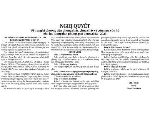 NGHỊ QUYẾT<br> Về trang bị phương tiện phòng cháy, chữa cháy và cứu nạn, cứu hộ cho lực lượng dân phòng, giai đoạn 2023 - 2025