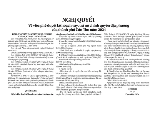 NGHỊ QUYẾT<br>Về việc phê duyệt kế hoạch vay, trả nợ chính quyền địa phương của thành phố Cần Thơ năm 2024