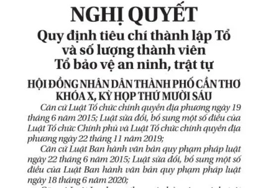 NGHỊ QUYẾT <br> Quy định tiêu chí thành lập Tổ và số lượng thành viên Tổ bảo vệ an ninh, trật tự