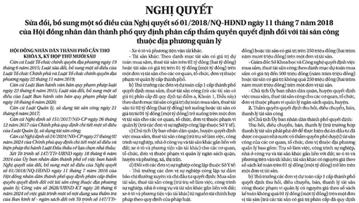 NGHỊ QUYẾT <br> Sửa đổi, bổ sung một số điều của Nghị quyết số 01/2018/NQ-HÐND ngày 11 tháng 7 năm 2018 của Hội đồng nhân dân thành phố quy định phân cấp thẩm quyền quyết định đối với tài sản công thuộc địa phương quản lý