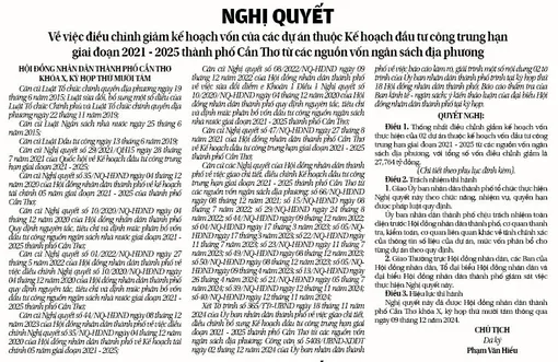 NGHỊ QUYẾT <br> Về việc điều chỉnh giảm kế hoạch vốn của các dự án thuộc Kế hoạch đầu tư công trung hạn giai đoạn 2021 - 2025 thành phố Cần Thơ từ các nguồn vốn ngân sách địa phương