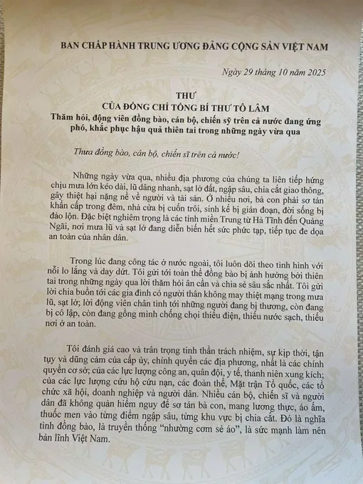 Tổng Bí thư Tô Lâm gửi Thư thăm hỏi, động viên đồng bào, cán bộ, chiến sỹ đang ứng phó, khắc phục hậu quả thiên tai