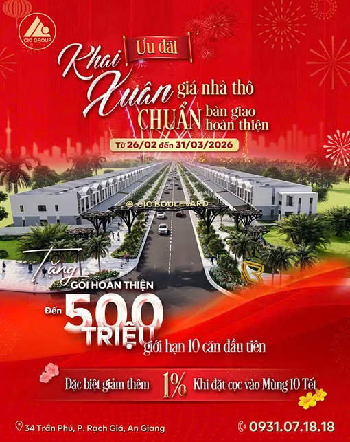 Ưu đãi khai Xuân: Giá nhà thô - Chuẩn bàn giao hoàn thiện tại Dự án tuyến dân cư đường số 2 - CIC Boulevard, An Giang