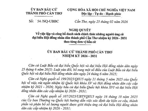 Nghị quyết về việc lập và công bố danh sách chính thức những người ứng cử đại biểu Hội đồng nhân dân thành phố Cần Thơ nhiệm kỳ 2026-2031 theo từng đơn vị bầu cử
