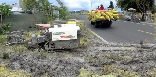Máy gặt lúa, máy cày lưu thông trên đường gây mất an toàn