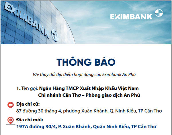 <strong><center>THÔNG BÁO <br>V/v thay đổi địa điểm hoạt động của Eximbank An Phú</br></center></strong>