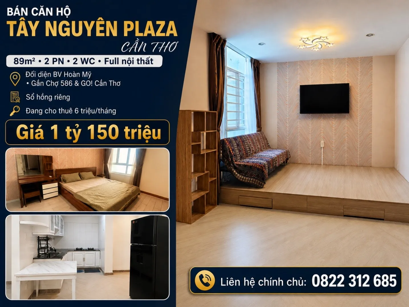 Bán hoặc cho thuê căn hộ Tây Nguyên Plaza Cần Thơ - 89m², full nội thất